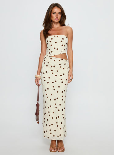 Jasira Strapless Drape Maxi Dress Cream Polka Dot