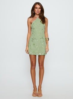 Evolet Embellished Halter Mini Dress Green