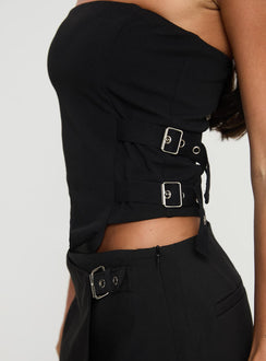 back view of model wearing Princess Polly Miles Away Strapless Top Black Sleeveless straight 