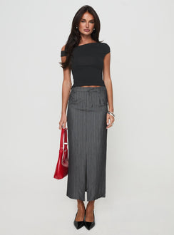   side view of model wearing Princess Polly Cubeb Maxi Skirt Grey 