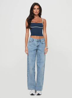 side view of model wearing Princess Polly Maidenwell Contrast Top Blue Sleeveless Square Neck 