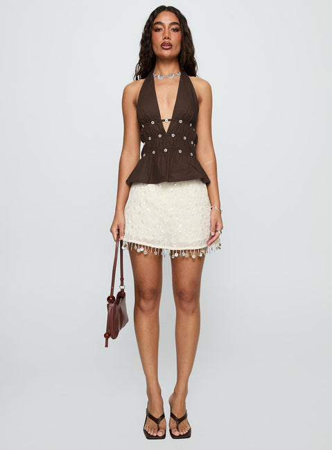 front view of model wearing Princess Polly We Made It Sequin Skort Cream High Waisted Shorts 