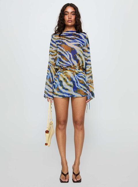 Get Closer Backless Romper Blue Zebra