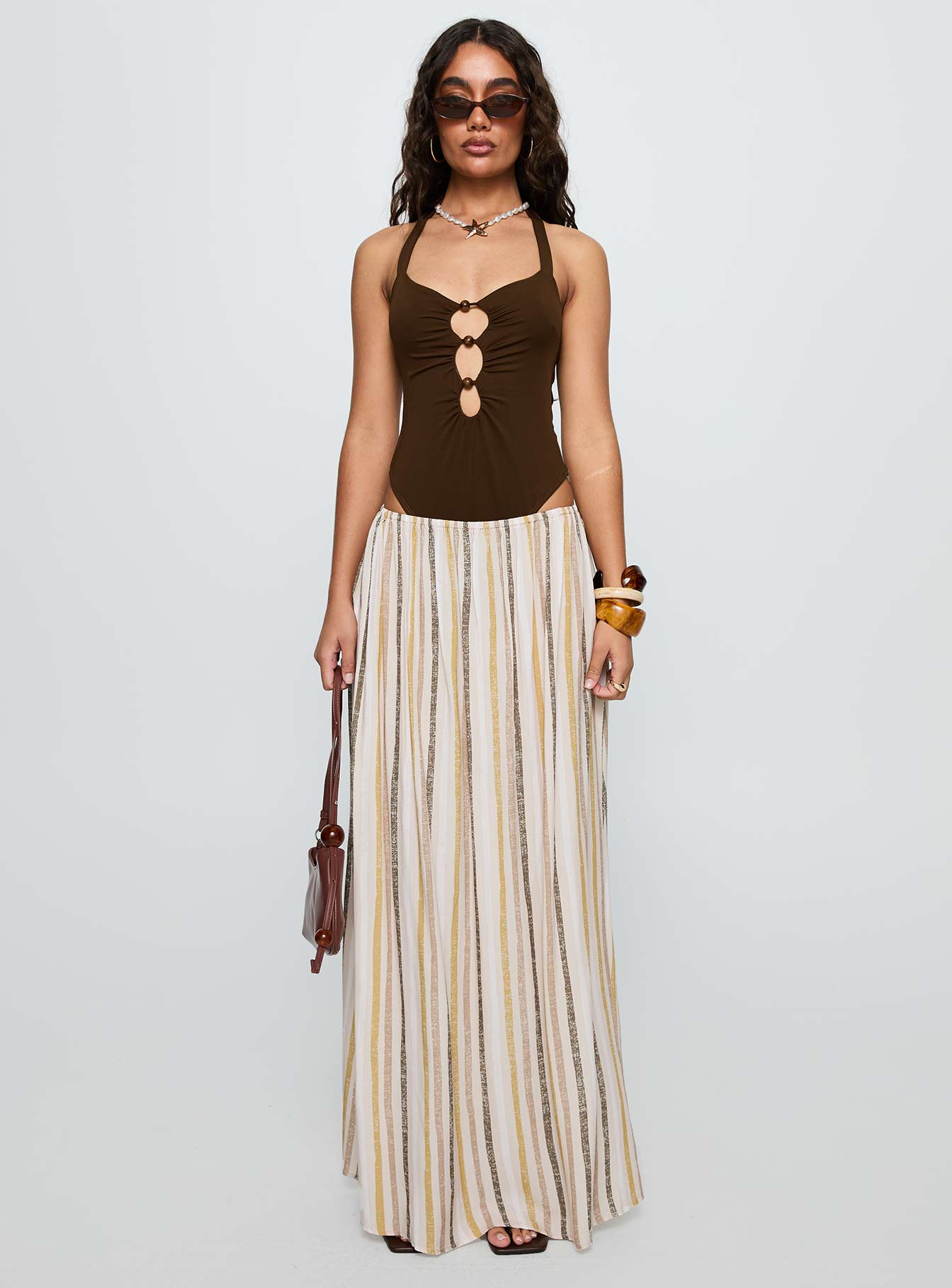   side view of model wearing Princess Polly Aisla Maxi Skirt Multi Maxi 