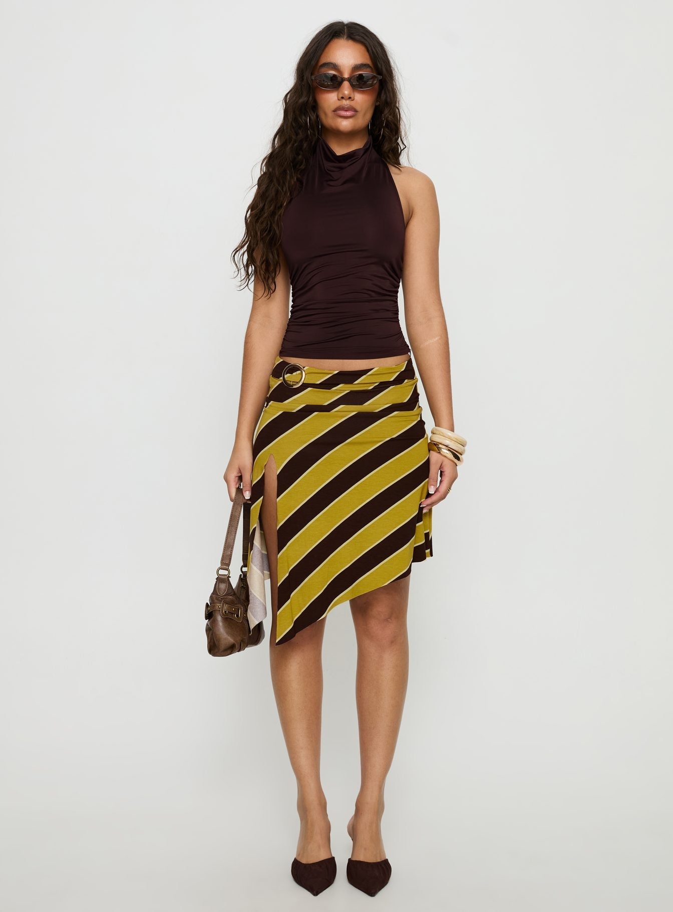   front view of model wearing Princess Polly Sherry Midi Skirt Stripe Retro Yellow Midi Skirts 