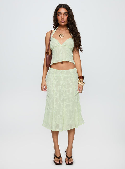   side view of model wearing Princess Polly Aspyn Embroidered Midi Skirt Sage Green Midi Skirts 