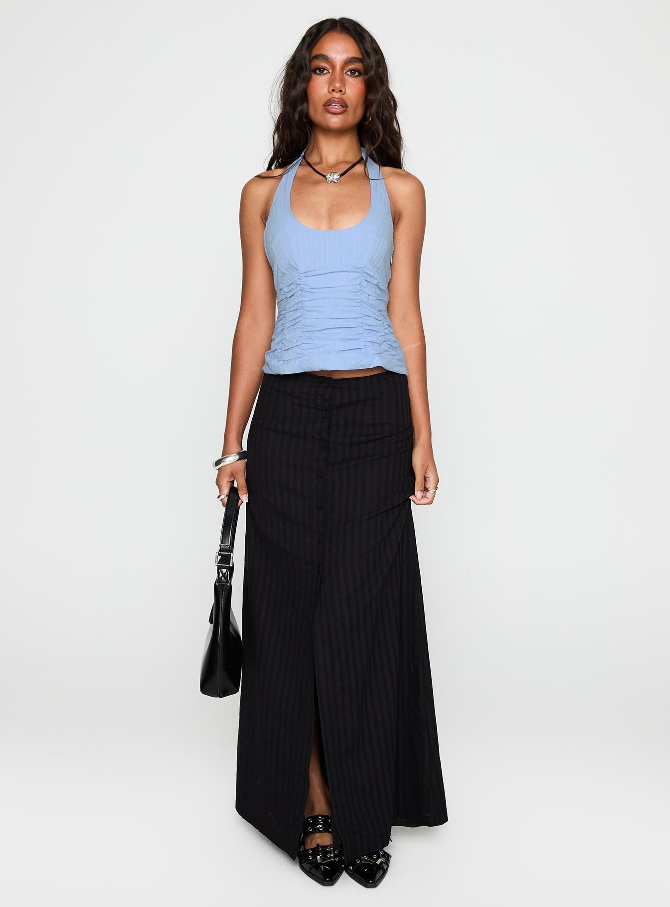   front view of model wearing Princess Polly Livie Maxi Skirt Black Maxi Skirts Skirts 