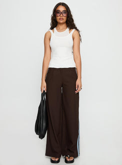 front view of model wearing Princess Polly Wendi Tipping Suit Pant Brown / Blue Mid Rise Pants 