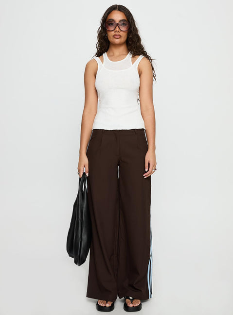 front view of model wearing Princess Polly Wendi Tipping Suit Pant Brown / Blue Mid Rise Pants 