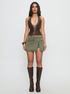   front view of model wearing Princess Polly Generous Wrap Buckle Skort Washed Khaki Mini Skirts Skirts 