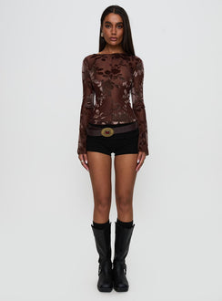 side view of model wearing Princess Polly Meant To Be Mesh Long Sleeve Top Brown Floral Full Sleeves Boat Neck 
