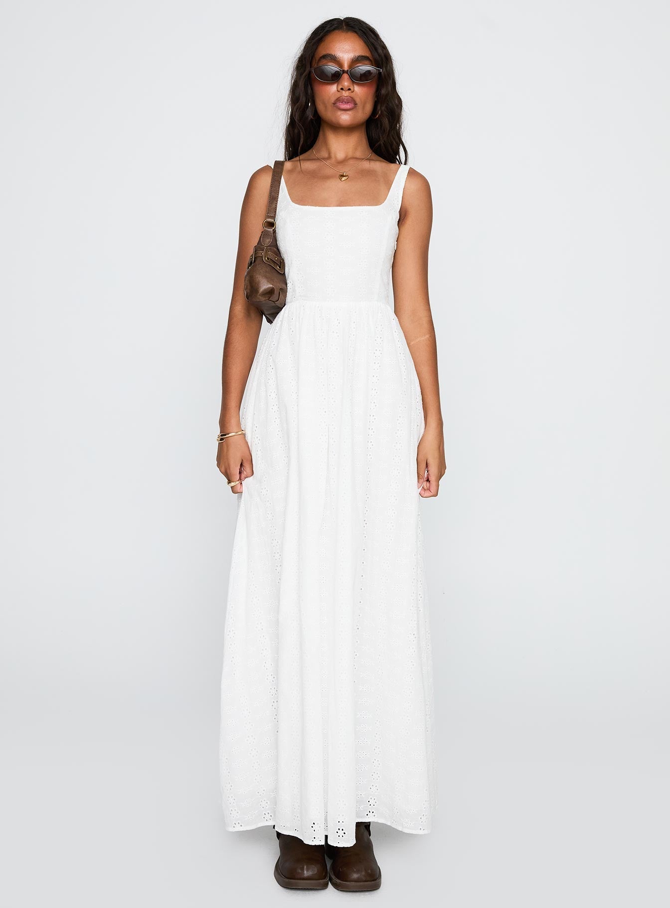 front view of model wearing Princess Polly Cartmel Broderie Maxi Dress White Square Neck 
