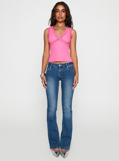 back view of model wearing Princess Polly Danyia Frill Top Pink Sleeveless V-Neck 