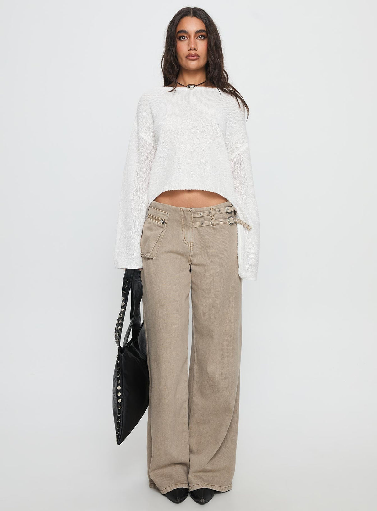 front view of model wearing Princess Polly Riala Off Shoulder Knit Sweater White cropped Jumpers 