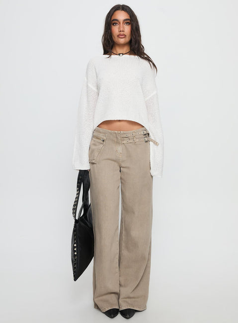 front view of model wearing Princess Polly Riala Off Shoulder Knit Sweater White cropped Jumpers 