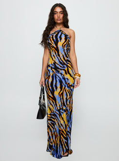 front view of model wearing Princess Polly Virginia Beach Backless Maxi Dress Blue Zebra High Neck 