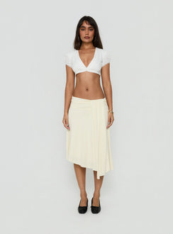 Crafted from cornsilk fabric, the Iselda Draped Midi Skirt Cream in womens-skirts features asymmetry Princess Polly