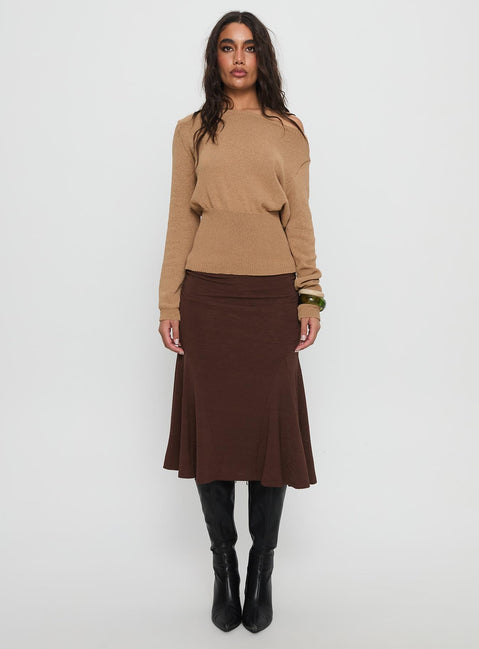 front view of model wearing Princess Polly Xaria Off Shoulder Knit Sweater Tan 