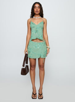   front view of model wearing Princess Polly What A Coincidence Beaded Mini Skirt Teal Mini Skirts 