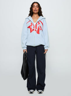 front view of model wearing Princess Polly Starblazer Zip Up Graphic Hoodie Blue / Red Long 