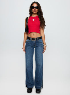 front view of model wearing Princess Polly Boot Scootin Graphic Tank Top Red Sleeveless Crew Neck 