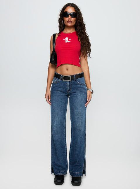 front view of model wearing Princess Polly Boot Scootin Graphic Tank Top Red Sleeveless Crew Neck 