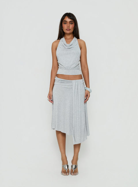 Showcasing the Iselda Draped Midi Skirt Grey Marle in womens-skirts with wrap detail and relaxed fit front view of model wearing Princess Polly