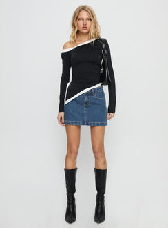   front view of model wearing Princess Polly Nickei Denim Mini Skirt Mid Wash Tall Mini Skirts 