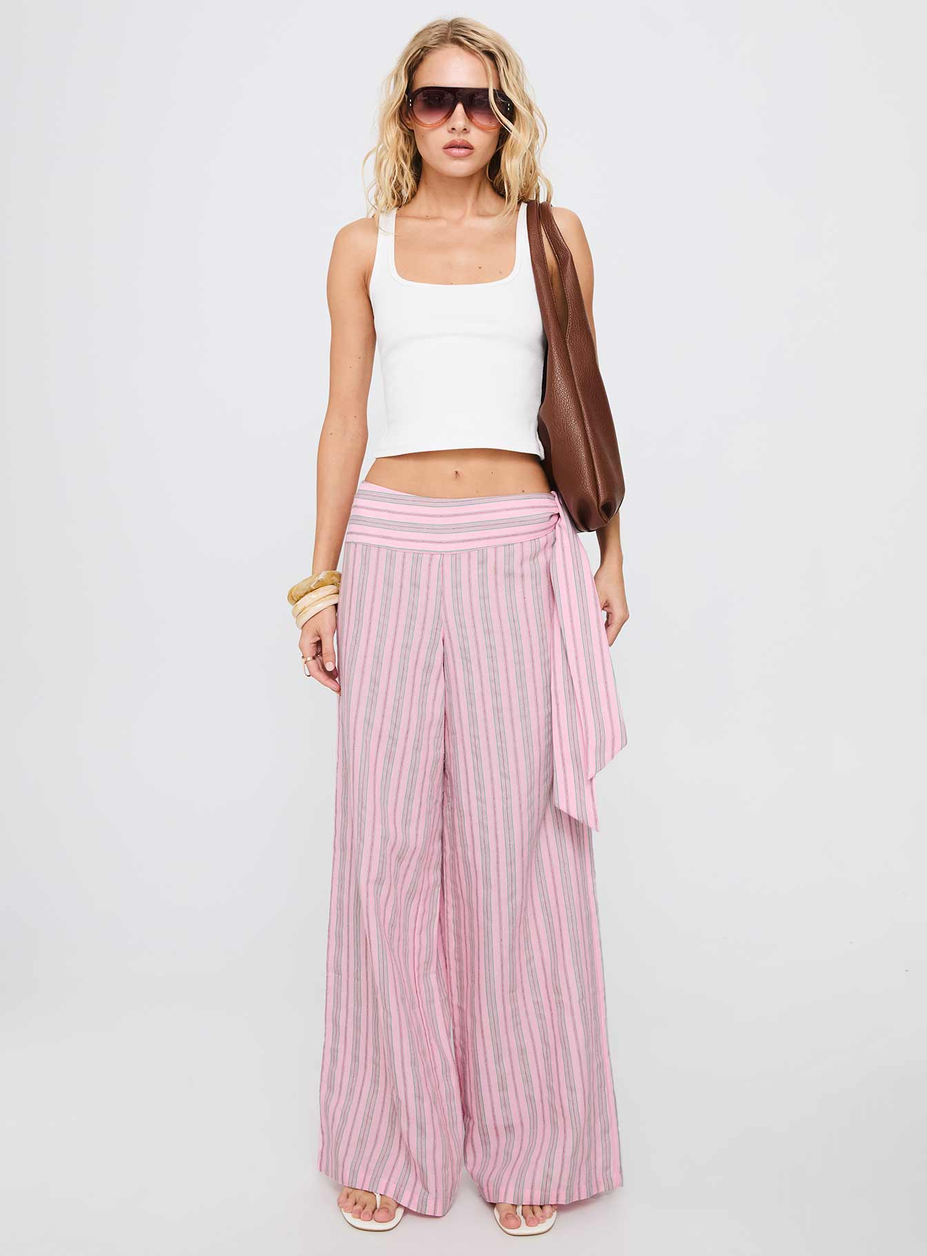 front view of model wearing Princess Polly Wave Dancer Tie Pant Pink Stripe High Waisted Pants 