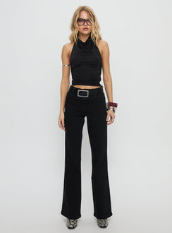 front view of model wearing Princess Polly Magic Mirror Mid Rise Bootleg Jeans Washed Black Mid Rise Jeans 