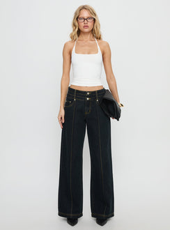 front view of model wearing Princess Polly Hannalee Low Rise Wide Leg Cargo Jeans Grunge Wash Low Rise Jeans 