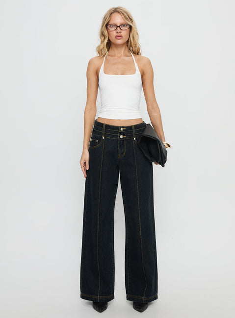 front view of model wearing Princess Polly Hannalee Low Rise Wide Leg Cargo Jeans Grunge Wash Low Rise Jeans 