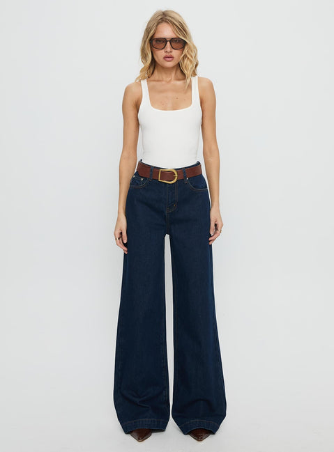 front view of model wearing Princess Polly Goldie High Rise Wide Leg Jeans Indigo High Rise Jeans 