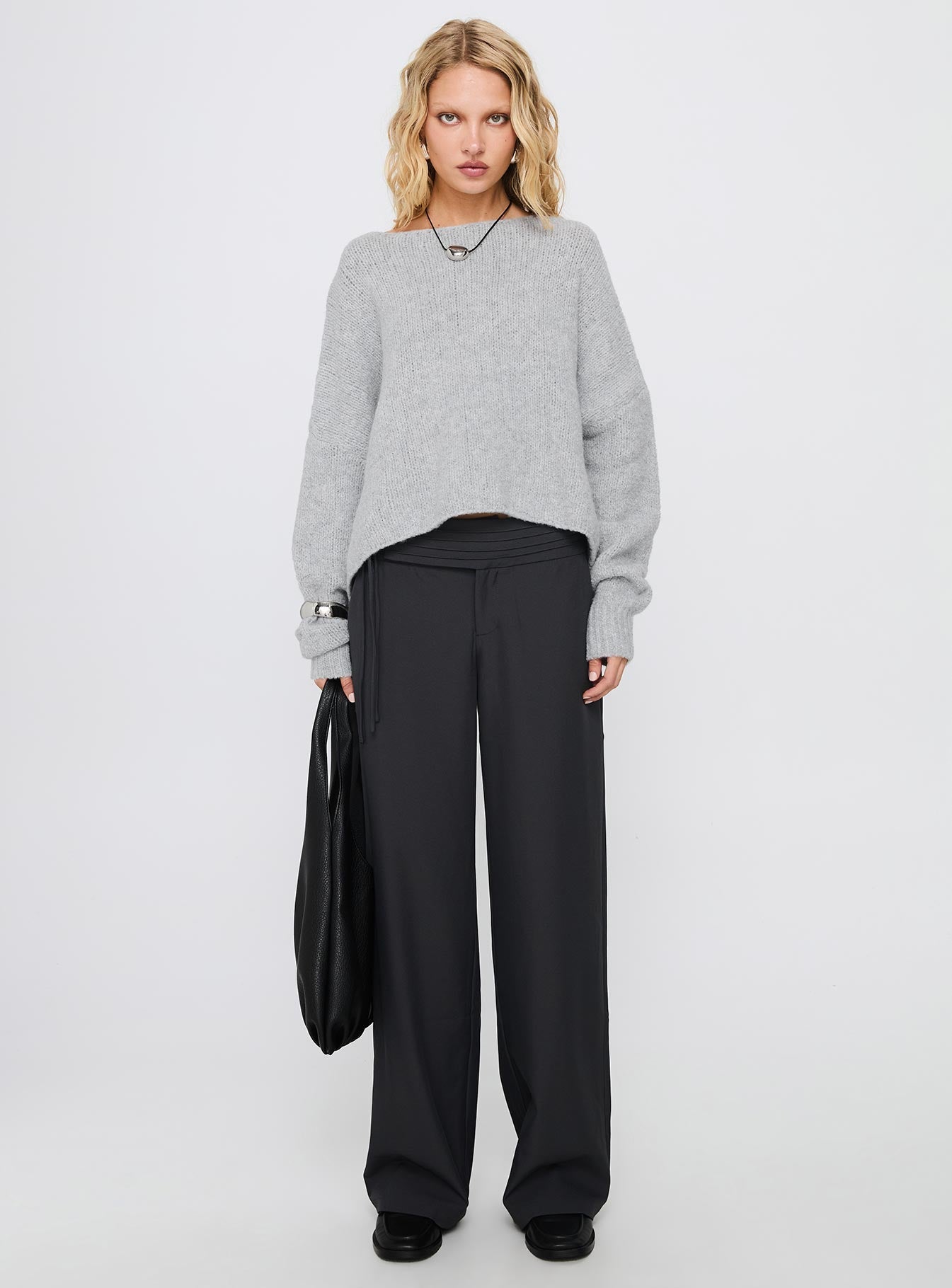 Ramy Wide Neck Knit Sweater Grey