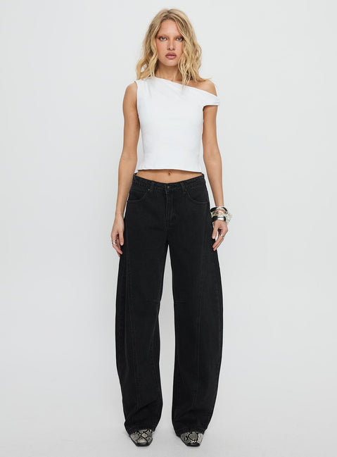 front view of model wearing Princess Polly Lost Track Mid Rise Barrel Leg Jeans Washed Black Mid Rise Jeans 