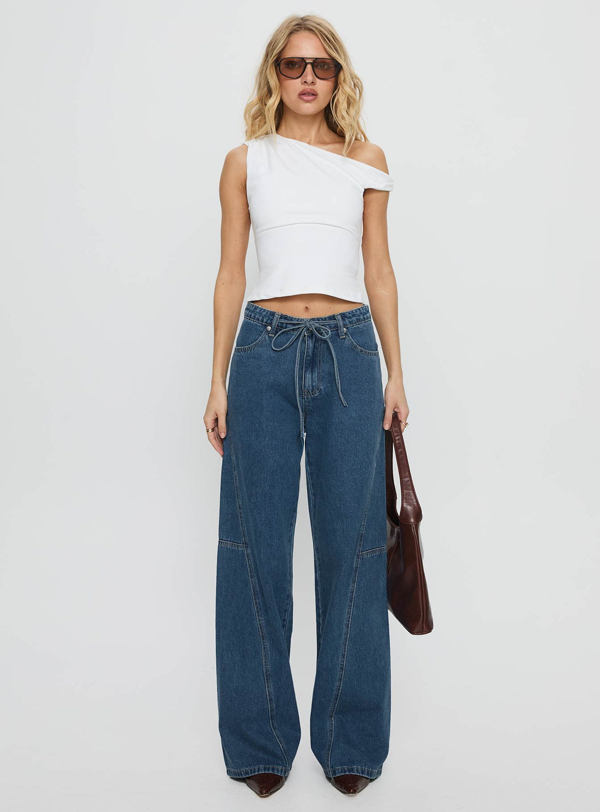 Bruiser Tie Waist Mid Rise Wide Leg Jeans Mid Blue Wash Mid Rise Jeans Jeans 