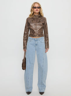 front view of model wearing Princess Polly Lost Track Mid Rise Barrel Leg Jeans Ice Wash Mid Rise Jeans 