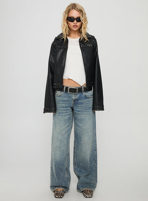 Past Lives Studded Faux Leather Jacket Black