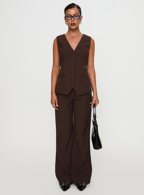 back view of model wearing Princess Polly Ambient Longline Button Up Top Chocolate Sleeveless V-Neck 