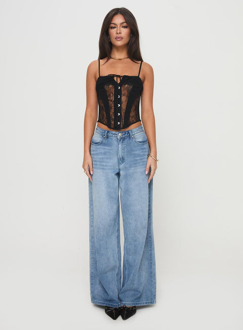 front view of model wearing Princess Polly Sambo Corset Top Black Sleeveless Square Neck 