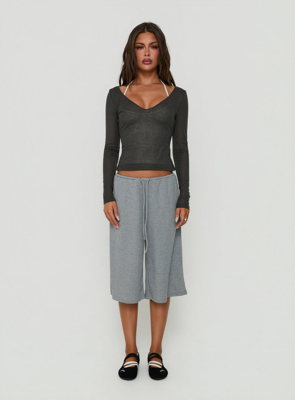 Kaiyah Sheer V Neck Long Sleeve Top Slate