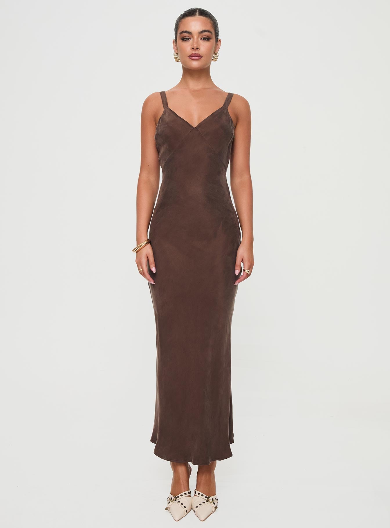 front view of model wearing Princess Polly Laurette Maxi Dress Brown Plunger 
