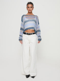 side view of model wearing Princess Polly Perren Sweater Blue Stripe Cropped 