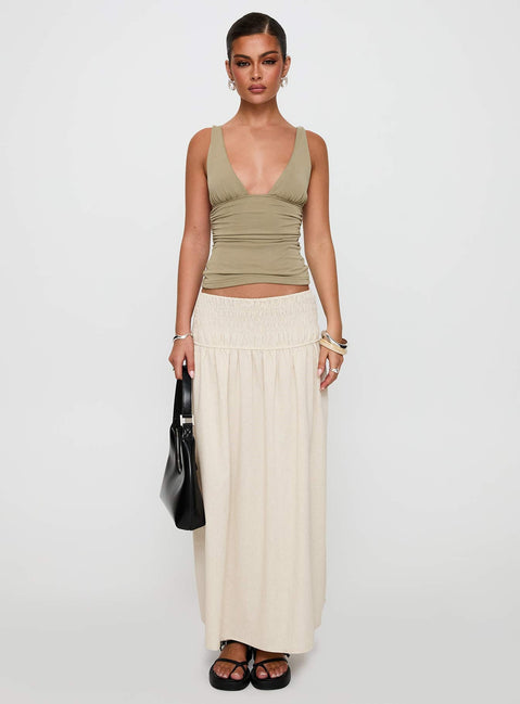   front view of model wearing Princess Polly Small Towns Shirred Midi Skirt Beige Maxi 