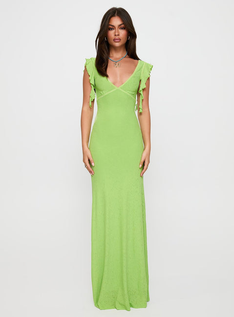 front view of model wearing Princess Polly Soleila Maxi Dress Green Tonal Plunger 