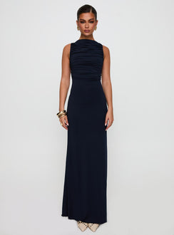 front view of model wearing Princess Polly Undeniable Cut Out Maxi Dress Navy High Neck 