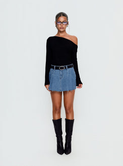   front view of model wearing Princess Polly Debera Pleated Mini Skirt Mid Blue Wash 