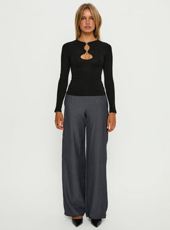 front view of model wearing Princess Polly Khane Low Rise Wide Leg Pant Charcoal Pinstripe Mid Rise Pants 