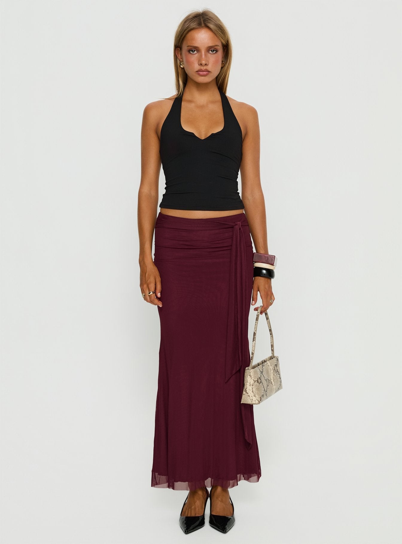   front view of model wearing Princess Polly Caviar Tie Maxi Skirt Currant Maxi Skirts 