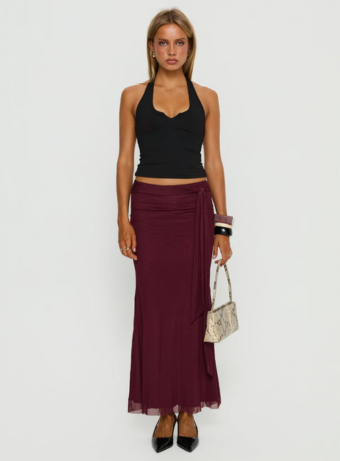   front view of model wearing Princess Polly Caviar Tie Maxi Skirt Currant Maxi Skirts 